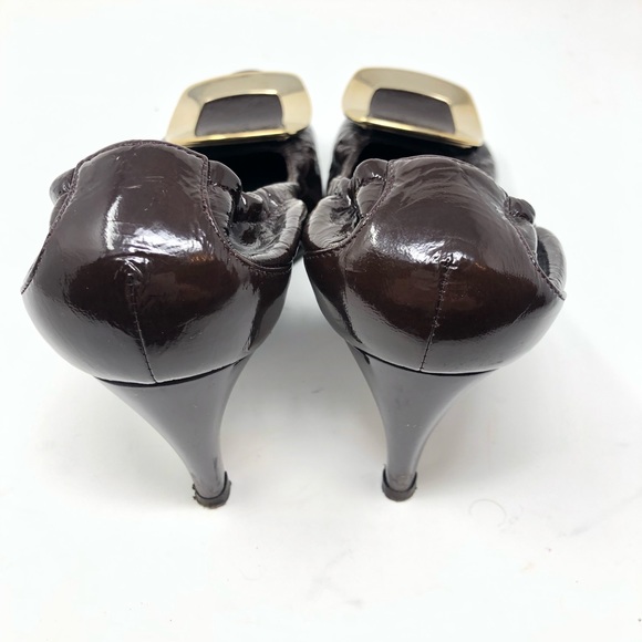 Roger Vivier Dark Brown Patent Leather Chips Elastic Heels / Pumps sz 37.5 - Picture 8 of 10